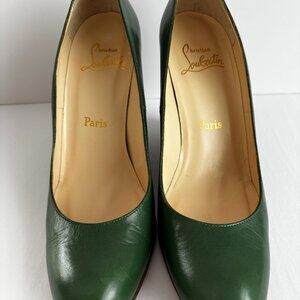 Christian Louboutin Miss Boxe Green Leather & Wood Wedges Shoes 39.5